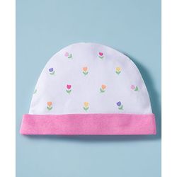 Babyhug 100% Cotton Knit Cap, Mittens & Booties Set with Bow Applique Floral Print  White & Pink - Diameter 10 cm