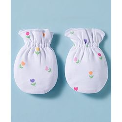 Babyhug 100% Cotton Knit Cap, Mittens & Booties Set with Bow Applique Floral Print  White & Pink - Diameter 10 cm