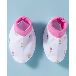 Babyhug 100% Cotton Knit Cap, Mittens & Booties Set with Bow Applique Floral Print  White & Pink - Diameter 10 cm