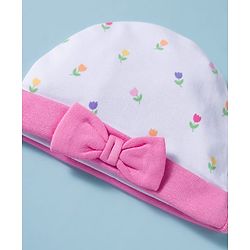 Babyhug 100% Cotton Knit Cap, Mittens & Booties Set with Bow Applique Floral Print  White & Pink - Diameter 10 cm