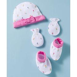 Babyhug 100% Cotton Knit Cap, Mittens & Booties Set with Bow Applique Floral Print  White & Pink - Diameter 10 cm