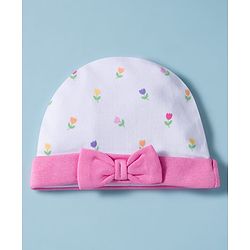 Babyhug 100% Cotton Knit Cap, Mittens & Booties Set with Bow Applique Floral Print  White & Pink - Diameter 10 cm