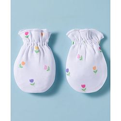 Babyhug 100% Cotton Knit Cap, Mittens & Booties Set with Bow Applique Floral Print  White & Pink - Diameter 10 cm