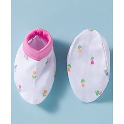 Babyhug 100% Cotton Knit Cap, Mittens & Booties Set with Bow Applique Floral Print  White & Pink - Diameter 10 cm