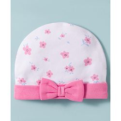 Babyhug 100% Cotton Knit Cap, Mittens & Booties Set with Floral Print White & Pink - Diameter 15 cm