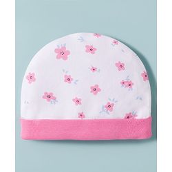 Babyhug 100% Cotton Knit Cap, Mittens & Booties Set with Floral Print White & Pink - Diameter 15 cm