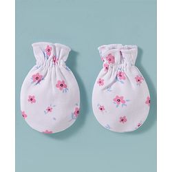 Babyhug 100% Cotton Knit Cap, Mittens & Booties Set with Floral Print White & Pink - Diameter 15 cm