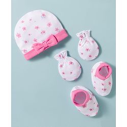 Babyhug 100% Cotton Knit Cap, Mittens & Booties Set with Floral Print White & Pink - Diameter 15 cm
