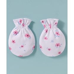 Babyhug 100% Cotton Knit Cap, Mittens & Booties Set with Floral Print White & Pink - Diameter 15 cm