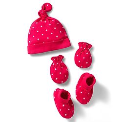 Babyhug 100% Cotton Knit Cap, Mittens & Booties Set with Star Print Red - Diameter 10.5 cm