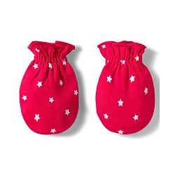 Babyhug 100% Cotton Knit Cap, Mittens & Booties Set with Star Print Red - Diameter 10.5 cm