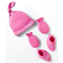 Babyhug 100% Cotton Interlock Knit Cap, Mittens & Booties Set With Cutie Print Pink - Diameter 10 cm