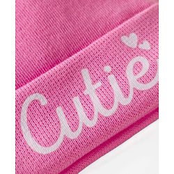 Babyhug 100% Cotton Interlock Knit Cap, Mittens & Booties Set With Cutie Print Pink - Diameter 10 cm