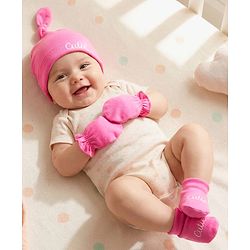 Babyhug 100% Cotton Interlock Knit Cap, Mittens & Booties Set With Cutie Print Pink - Diameter 10 cm