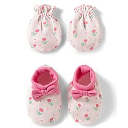 Babyhug 100% Cotton Knit Mittens & Booties Set with Floral Print & Bow Applique - Multicolor