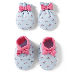 Babyhug 100% Cotton Knit Mittens & Booties Set with Floral Print & Bow Applique - Multicolor