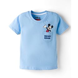 Babyhug Disney 100% Cotton Knit Half Sleeves T-Shirt With Front & Back Mickey Mouse Graphic - Light Blue