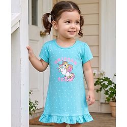 Babyhug Cotton Knit Half Sleeves Polka Dots & Unicorn Printed Nighty - Light Blue