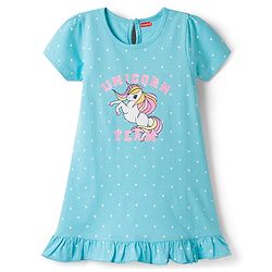 Babyhug Cotton Knit Half Sleeves Polka Dots & Unicorn Printed Nighty - Light Blue