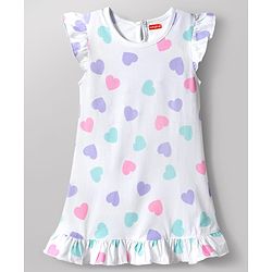 Babyhug Cotton Knit Frill Sleeves Hearts Printed Nighty - White