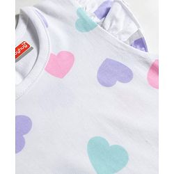 Babyhug Cotton Knit Frill Sleeves Hearts Printed Nighty - White