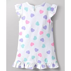 Babyhug Cotton Knit Frill Sleeves Hearts Printed Nighty - White