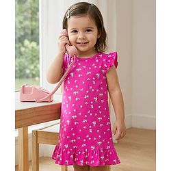 Babyhug Cotton Knit Frill Sleeves Nighty with Floral Print - Purple