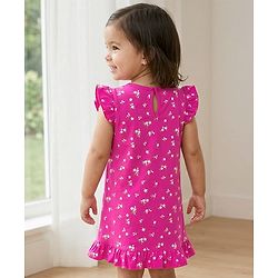 Babyhug Cotton Knit Frill Sleeves Nighty with Floral Print - Purple