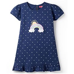 Babyhug Cotton Knit Half Sleeves Nighty with Rainbow & Polka Dot Print - Navy Blue