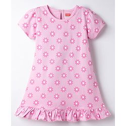 Babyhug Cotton Knit Half Sleeves Floral Printed Nighty - Pink
