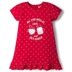 Babyhug Cotton Knit Half Sleeves Nighty With Hot Cocoa Print - Red