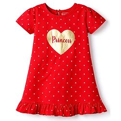 Babyhug Cotton Knit Half Sleeves Polka Dots Printed Nighty - Red