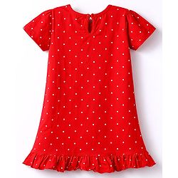 Babyhug Cotton Knit Half Sleeves Polka Dots Printed Nighty - Red