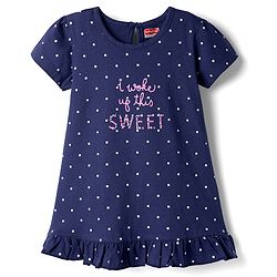 Babyhug Cotton Knit Half Sleeves Nighty with Polka Dot Print - Navy Blue