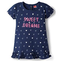 Babyhug Cotton Knit Half Sleeves Hearts Printed Nighty - Navy Blue