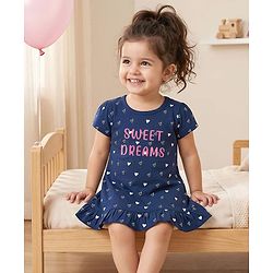 Babyhug Cotton Knit Half Sleeves Hearts Printed Nighty - Navy Blue