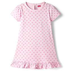 Babyhug Cotton Knit Half Sleeves Nighty With Heart Print - Pink