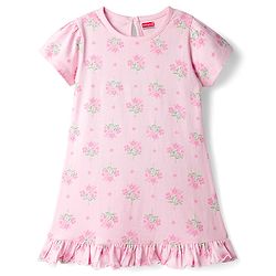 Babyhug Cotton Knit Half Sleeves Nighty With Floral Print - Pink