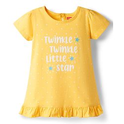 Babyhug Cotton Knit Half Sleeves Polka Dots & Text Printed Nighty - Yellow
