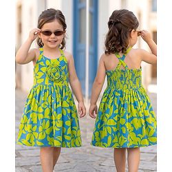 Babyhug Cotton Woven Sleeveless Fit & Flared Frock Floral Print with Applique   - Green