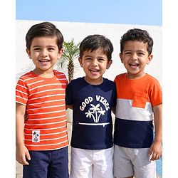 Babyhug Cotton Knit Half Sleeves T-Shirts with Stripes & Good Vibes Graphics Pack of 3 - Multicolor