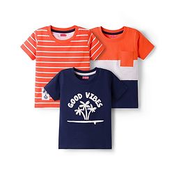 Babyhug Cotton Knit Half Sleeves T-Shirts with Stripes & Good Vibes Graphics Pack of 3 - Multicolor