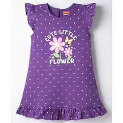 Babyhug Cotton Knit Half Sleeves Floral & Polka Dots Printed Nighty - Violet
