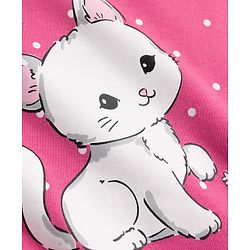 Babyhug Cotton Knit Half Sleeves Nighty With Kitty Print - Pink