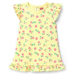 Babyhug Cotton Knit Half Sleeves Floral Printed Nighty - Yellow