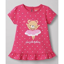 Babyhug 100% Cotton Knit Half Sleeves Nighty With Bear & Polka Dots Print - Pink
