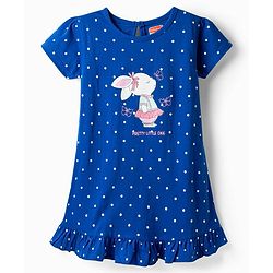 Babyhug Cotton Knit Half Sleeves Nighty With Bear & Polka Dots Print - Navy Blue