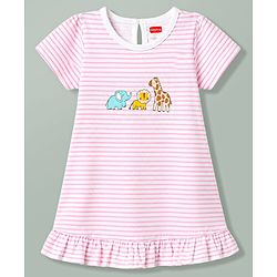 Babyhug Cotton Knit Half Sleeves Striped Nighty With Animal Print - Pink