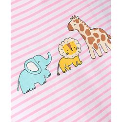 Babyhug Cotton Knit Half Sleeves Striped Nighty With Animal Print - Pink