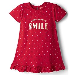 Babyhug Cotton Knit Half Sleeves Nighty with Polka Dot Print - Red